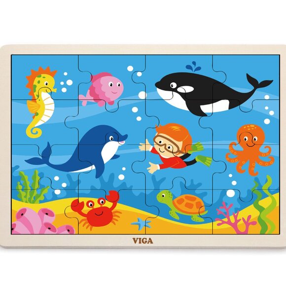 VIGA 16 Pcs Flat Wooden Puzzle w/Tray -Ocean Fun Sea Anima New Sealed For Age 2+ - Picture 1 of 14